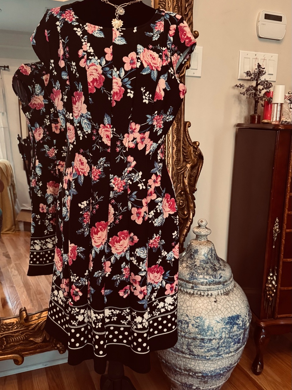 Elle Black Midi Dress with Pink Floral and Blue Accents